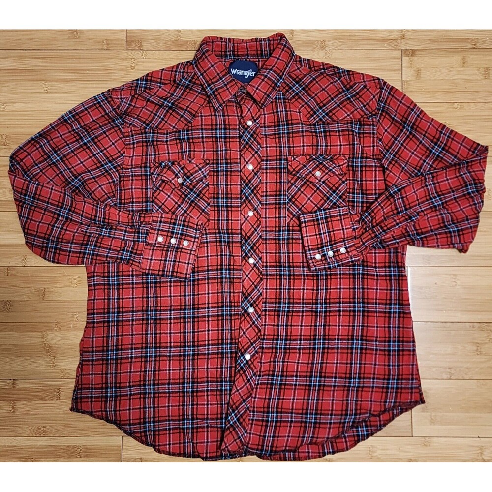 Wrangler Shirt Men XL Red Flannel Plaid Pearl Snap Long Sleeve Lumberjack Cowboy